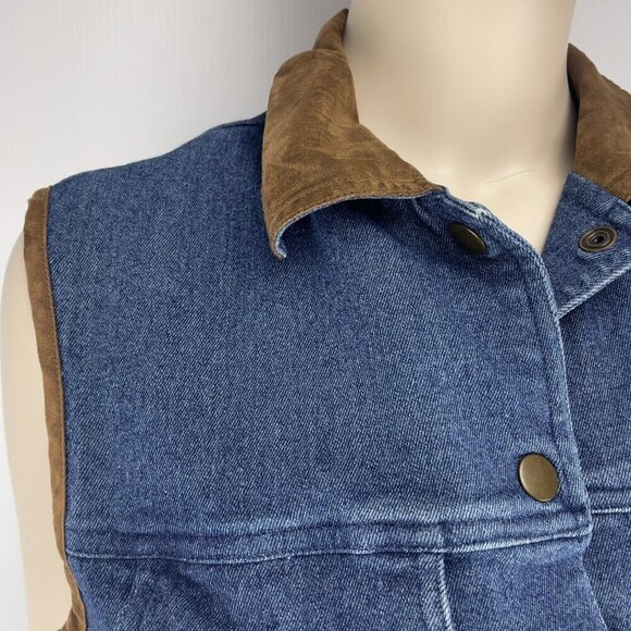 VINTAGE R&R Denim Faux Suede Brown Collar Blue Jeans Vest Size M (10-12) - Picture 2 of 9